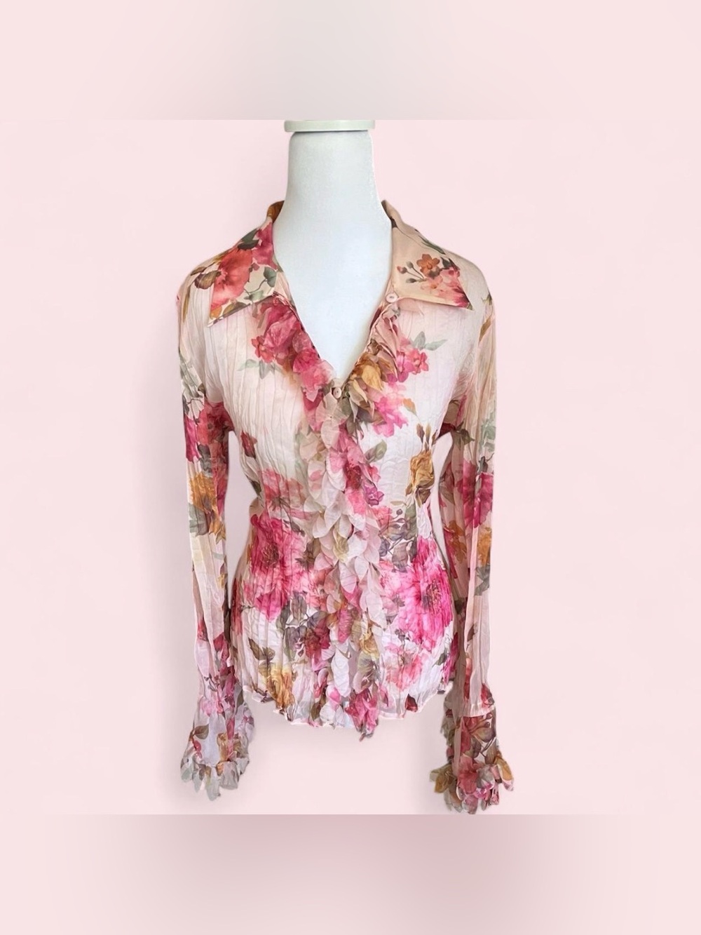 VTG Y2K Ruffle Fairy Bell Sleeve Chiffon Sheer Crinkle Britney Spears M